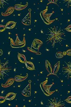Mardi Gras pattern vector illustration with fireworks crown stars party hats Stock Illustration
