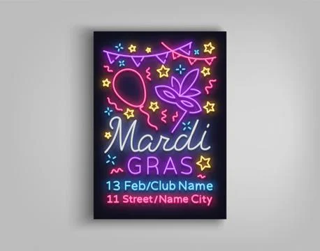 Mardi Gras poster design template in neon style. Neon sign, bright luminous sign Illustrazione stock