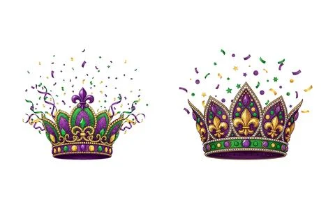 Mardi Gras Royal Crown Vector Set with Colorful Confetti Stock Illustration