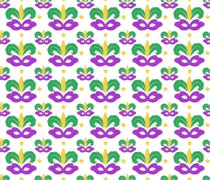 Mardi Gras seamless pattern with carnival mask. Masquerade background, text.. Stock Illustration