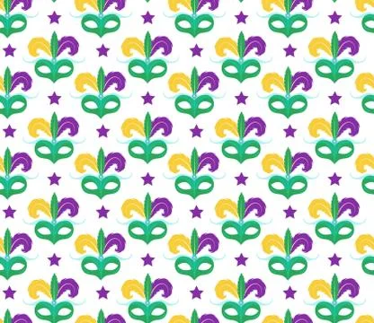 Mardi Gras seamless pattern with carnival mask. Masquerade background, text.. Stock Illustration