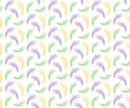 Mardi Gras seamless pattern with feathers purple, yellow, green color. Fat 스톡 일러스트