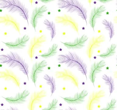 Mardi Gras seamless pattern with feathers purple, yellow, green color. Fat Stock Illustration