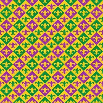 Mardi Gras seamless pattern.  Fleur de lis  checkered background. Green, purp Stock Illustration
