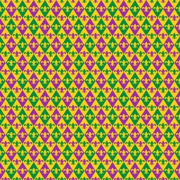 Mardi Gras seamless pattern.  Fleur de lis  checkered background. Green, purp Stock Illustration