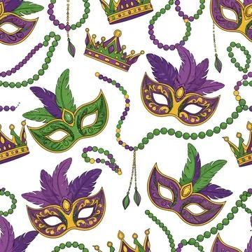 Mardi Gras Seamless Pattern with Masks Crowns and Beads Stock Illustration