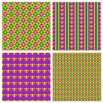 Mardi Gras seamless patterns.  Set of 4 carnival or masquerade backgrounds... Stock Illustration