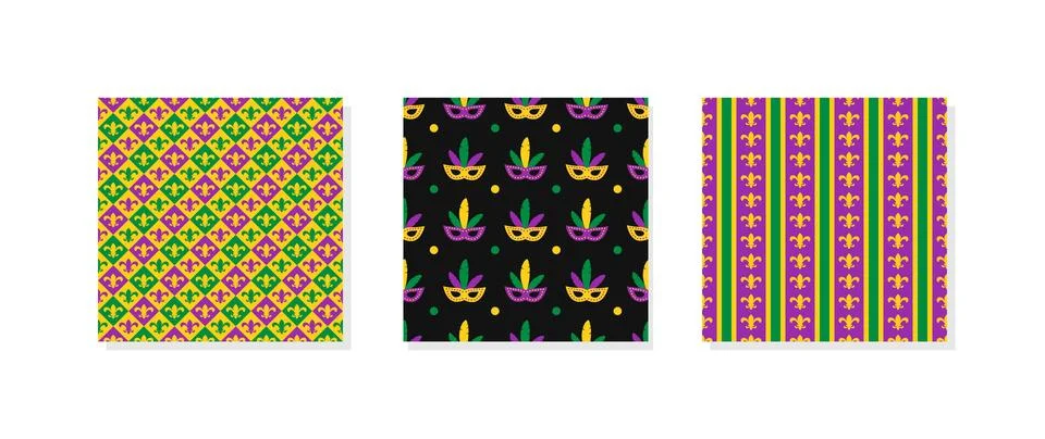 Mardi Gras seamless patterns.  Three carnival or masquerade backgrounds.  V.. Stock Illustration