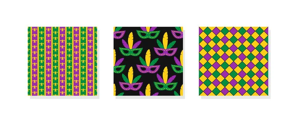 Mardi Gras seamless patterns.  Three carnival or masquerade backgrounds.  V.. Illustrazione stock