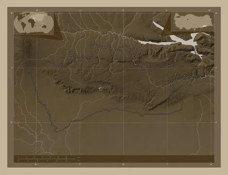 Mardin, Turkiye. Elevation map colored in sepia tones with lakes and rivers 库存插图