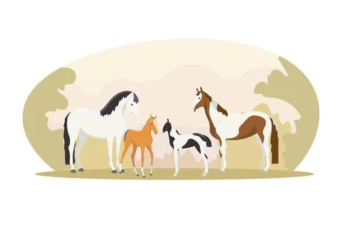 Mares with foals in a meadow, vector illustration Stock Illustration