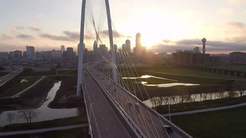 Margaret Hunt Bridge and Texas Flag at Dawn Aerial, Dallas Stock Footage