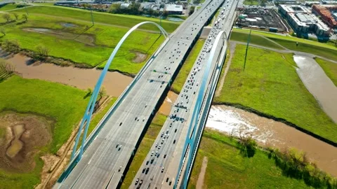 Margaret McDermott Bridge Top-Down Aerial View of Interstate 30 Stock-Footage 347317374