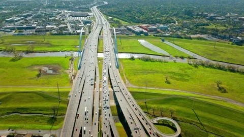 Margaret McDermott Bridge Top-Down Aerial View of Interstate 30 Infrastructu Stock-Footage 347317423