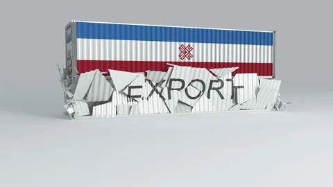 Mari El container with the flag falls on top of a container labeled EXPORT Stock Footage 124599723
