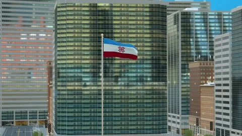 Mari El Flag 3D Render Animation on Pole with Modern Business District Build Stock-Footage 332883298