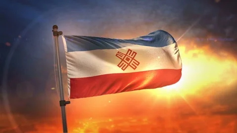 Mari El Flag Backlit At Beautiful Sunrise Loop Slow Motion 4K Stock Footage 76586534