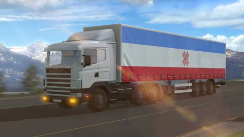 Mari El flag shown on the side of a large truck Stock Footage 122103326