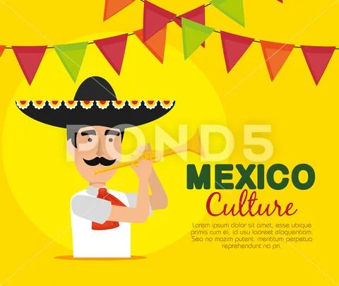 Mariachi man with trumpet and party banner Stock Illustration