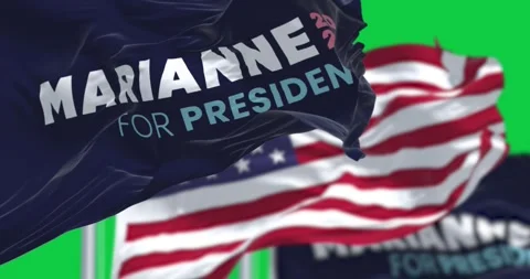 Marianne Williamson flags waving isolated on green background Stock Footage 264510349
