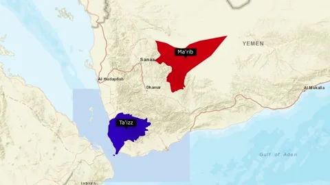 Marib and taiz highlighted in red and blue colors on a detailed map of yemen Stock Footage 345601048