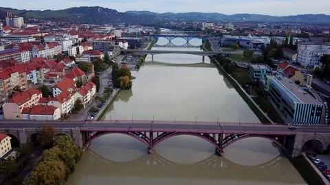 Maribor bridges drone to left Stock Footage 147560311