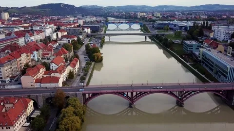 Maribor bridges drone to right Stock Footage 147560063