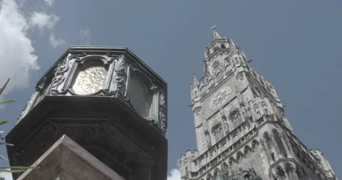 Marienplatz Clock Tower in Munich Germany Close-Up Shot Stock Footage 158776289