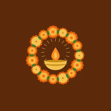 Marigold flower wreath with diya lamp, Diwali Stock Illustration