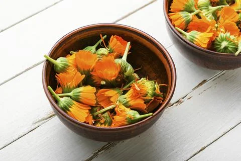 Marigold flowers or calendula,Chinese herbal medicine Stock Photos