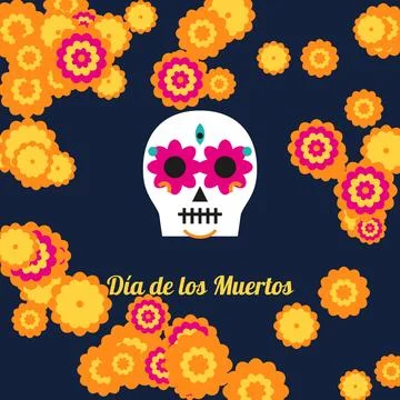 Marigold frame with sugar skull, Dia de los Muertos Illustration