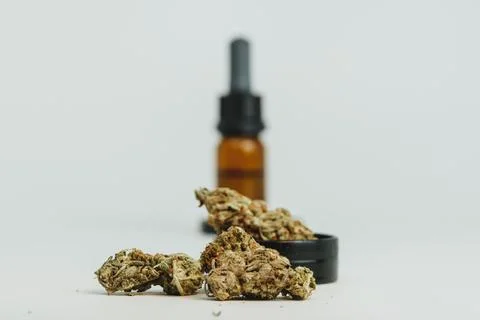 Marijuana buds on white background, close up. Stock Photos