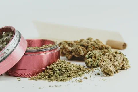 Marijuana buds on white background, close up. Stock Photos