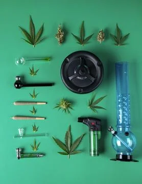 Marijuana flat lay composition, Cbd, weed, cannabis buds Stock Photos