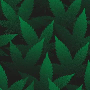 Marijuana Leaves Vector Seamless Pattern Pointillism Art Green Background Stock Illustration