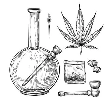 Marijuana or cannabis vector drawing set. Plant leaf, bong, pipe Stock Illustration