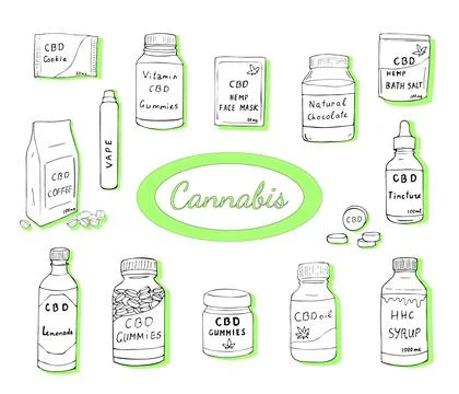 Marijuana outline icons vector set. Set of sketches for cannabis items, Stock Illustration