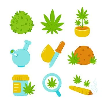 Marijuana weed set collection. Vector trendty flat line illustration icon Stock Illustration