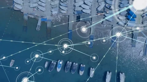 Marina area receiving data feed, expanding maritime network mapping boats with Stock Footage 330396780