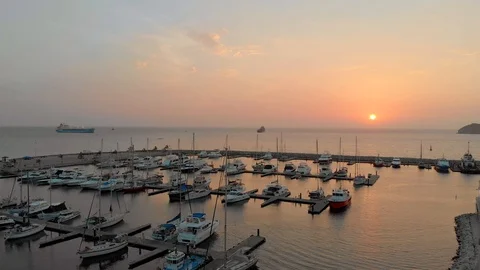 Marina bay boats on sunset Stock Footage