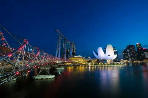 Marina Bay Sands and ArtScience Museum night view from Helix Bridge. Stock Photos