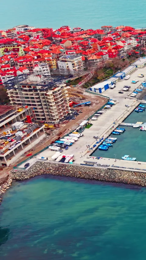 Marina construction site beside Black sea, Nesebar, Bulgaria Vertical video. Video stock 338007614
