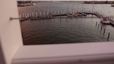 Marina dock viewed from higher building tilt up Stockbeeldmateriaal 92255636