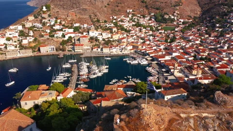 Marina on Hydra island in Greece, aerial video Stock Footage