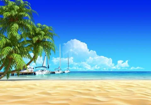 Marina pier and palms on empty idyllic tropical sand beach. Illustrazione stock