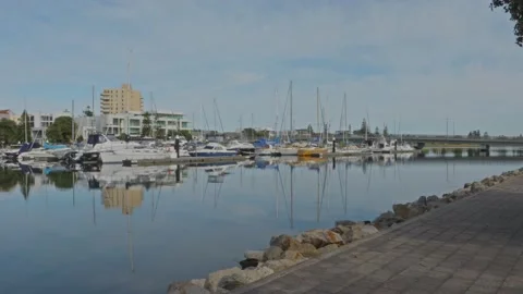 Marina Reflections: Blue Skies, Boats and Bridge at Glenelg Adelaide 28/2/23 Stock Footage 234302453