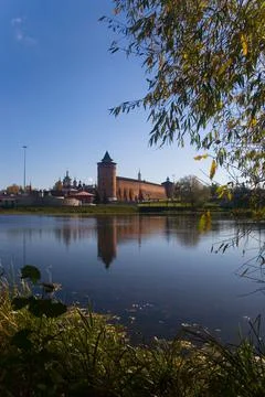 Marina tower of the Kolomna Kremlin is reflected in the water. Stock Photos