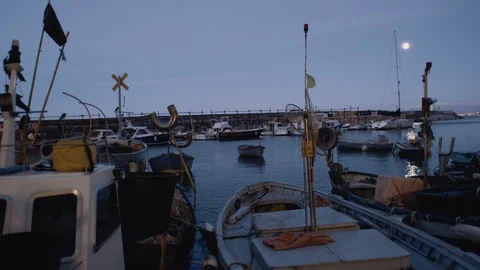Marina at twilight with moon already risen Stock Footage 128699671