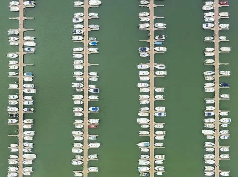 Marina wharves at the river mouth of the Piedras River. Aerial view. Drone Stock Photos