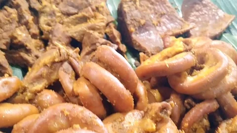 Marinated Beef Intestine and Lung Ready For Frying Traditional Dish Stock Footage 339377461